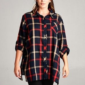 Velzera | Red and Black Plaid Tunic Button Up Top